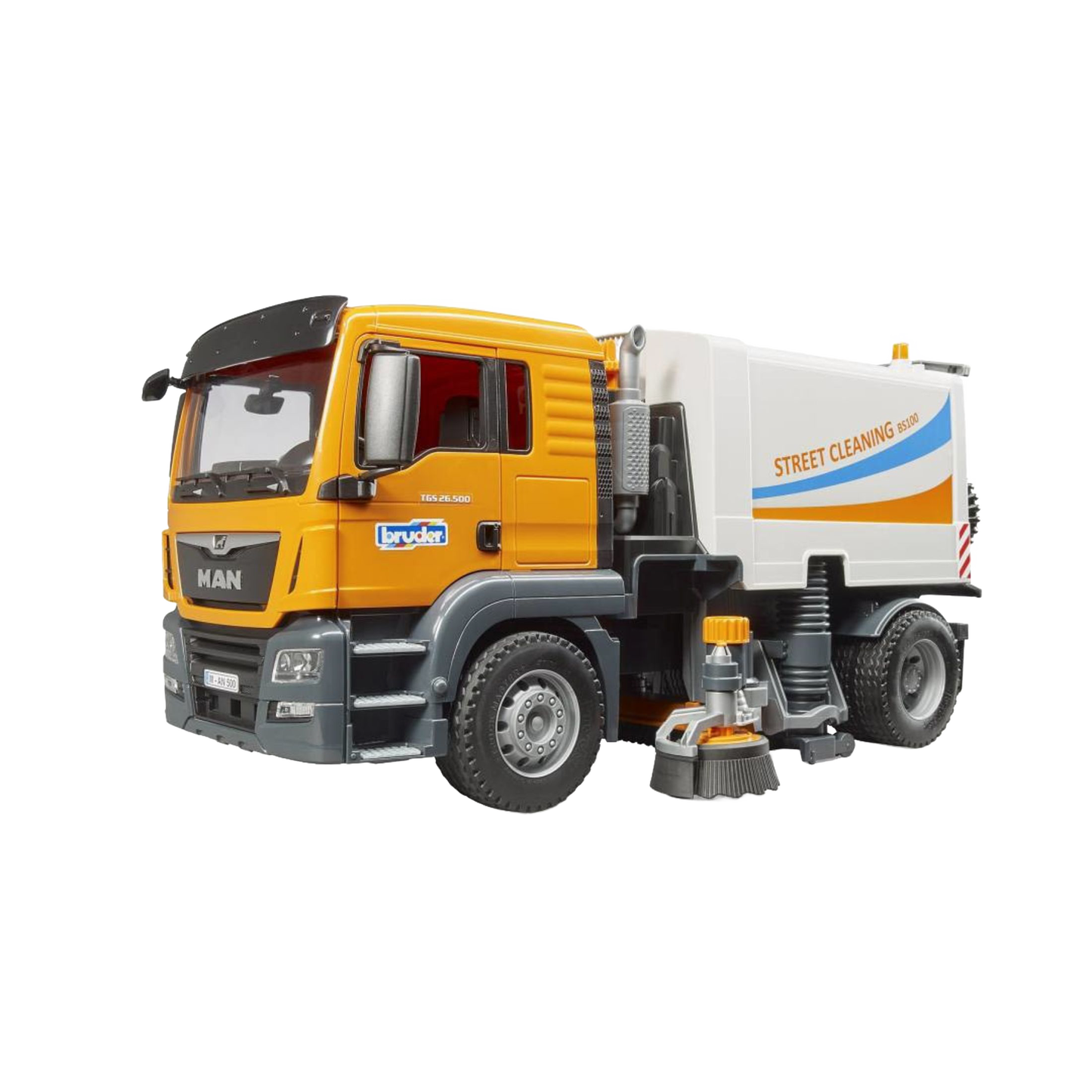 Yellow and white model street sweeper truck toy with rotating brushes from Bruder Toys in Vehicles & Remote Controlled Toys collection