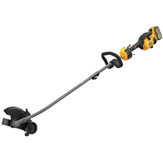 Cordless yellow and black attachment capable edger with long shaft and ergonomic handle for home improvement tasks