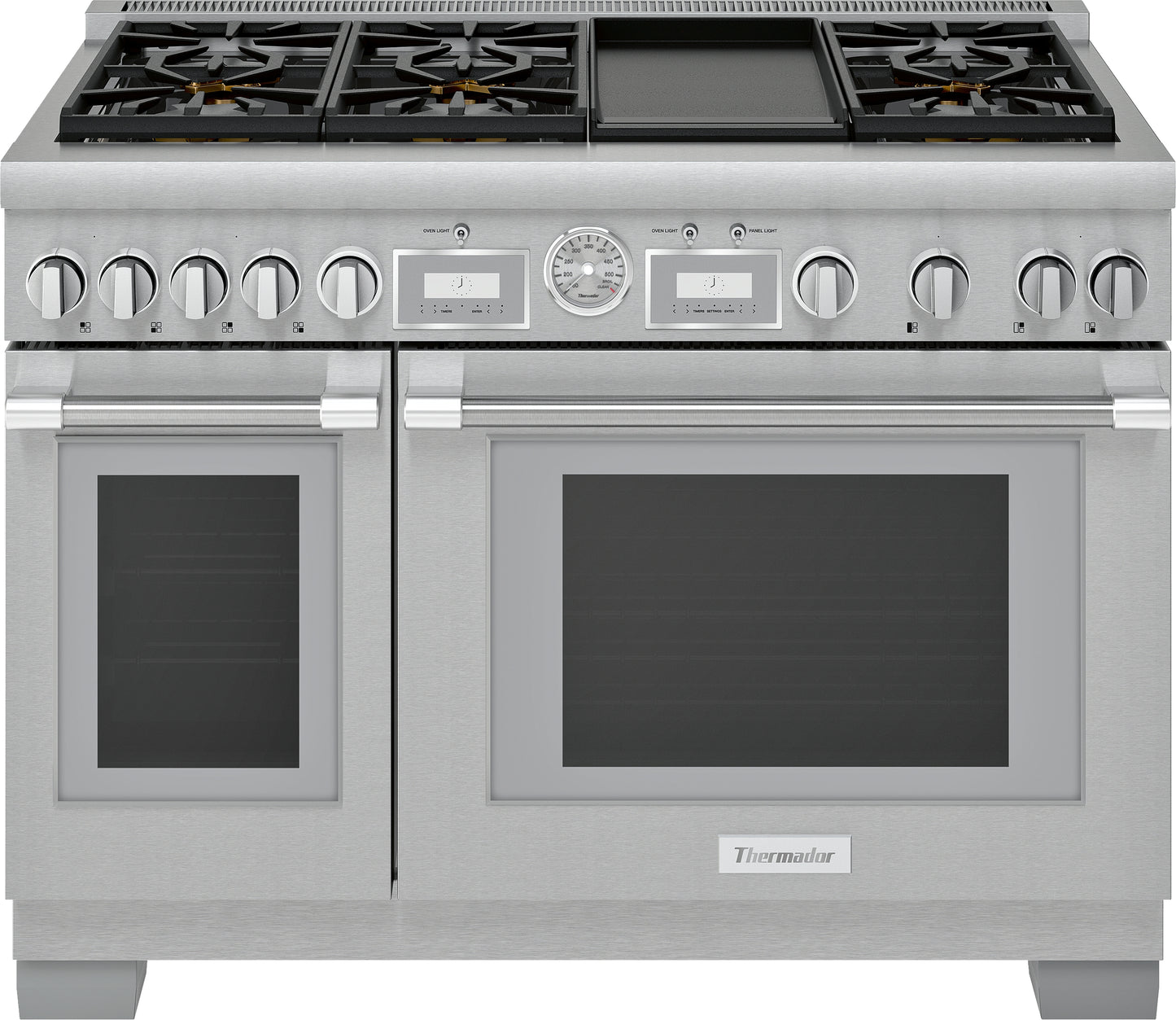48-inch stainless steel gas range with dual ovens, six burners, and built-in griddle for kitchen use