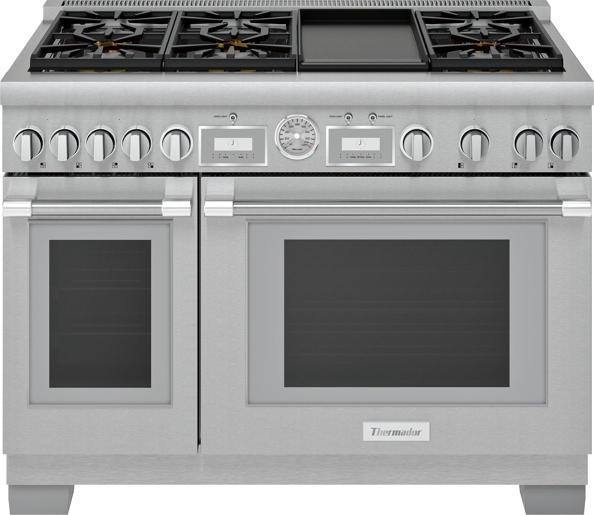 48-inch stainless steel gas range with dual ovens, six burners, and built-in griddle for kitchen use