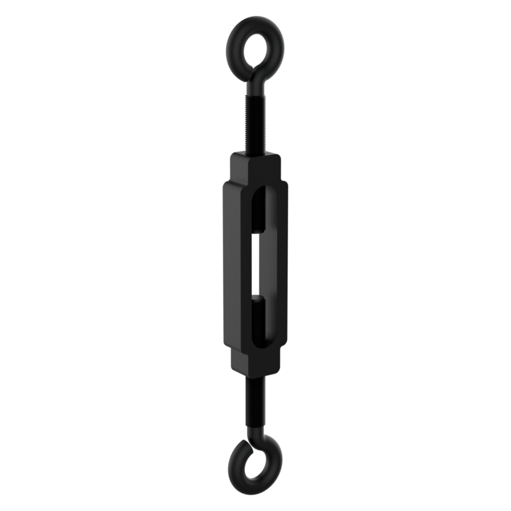 Black steel turnbuckle with eye hooks for tensioning cables or ropes in hardware and fasteners under $50 collection