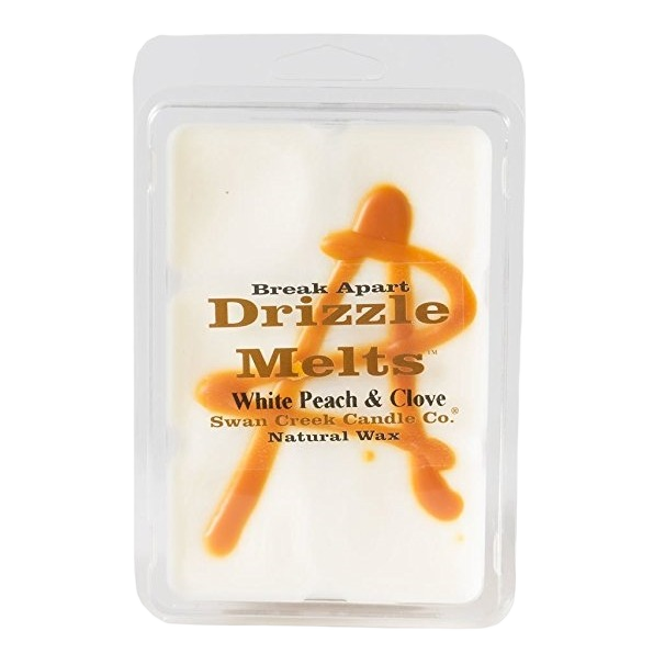 Swan Creek White Peach & Clove Drizzle Melts, 6-Pack in clear packaging with orange drizzle design and natural wax.