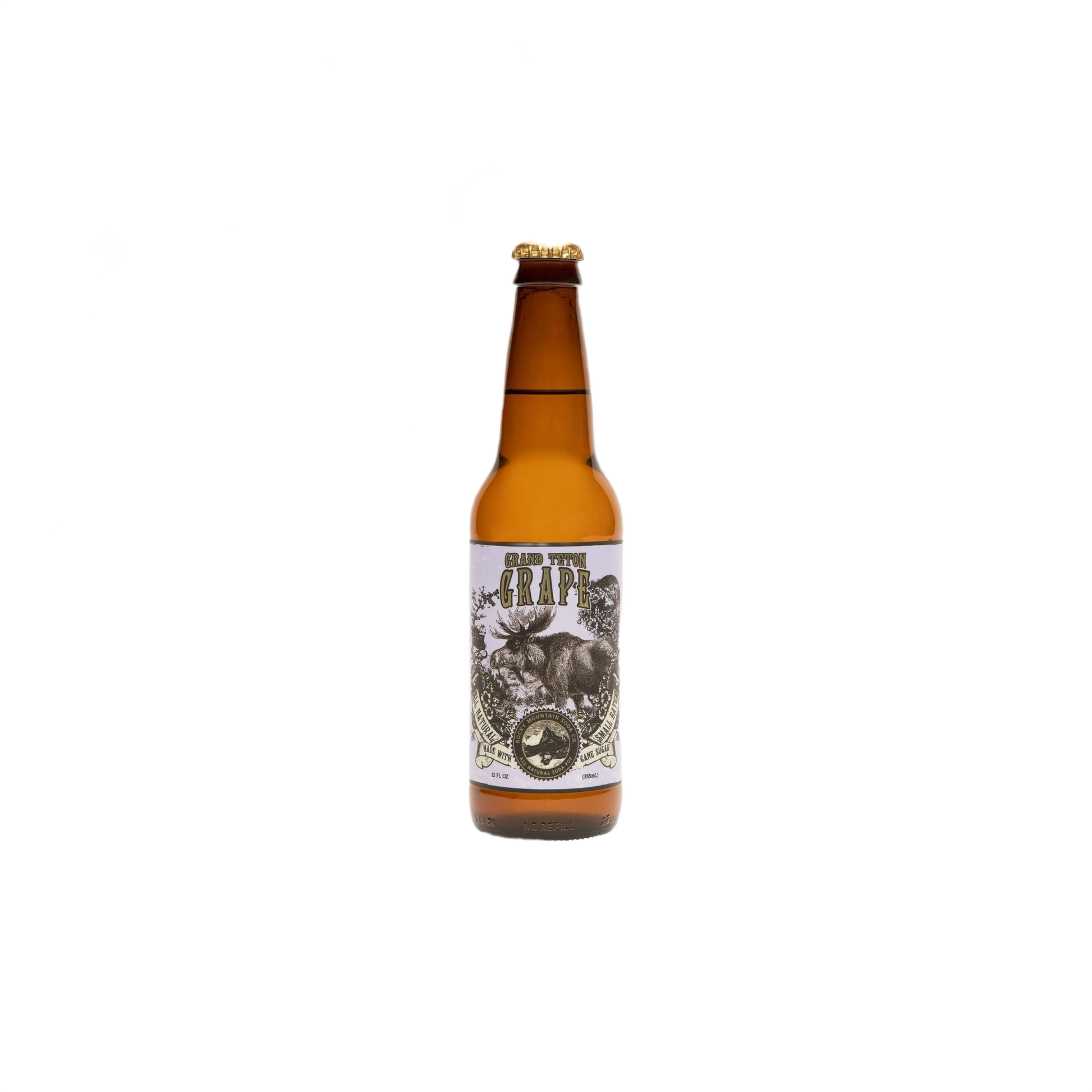 Amber glass soda bottle with vintage label featuring a moose and grape illustration, 12 oz. size