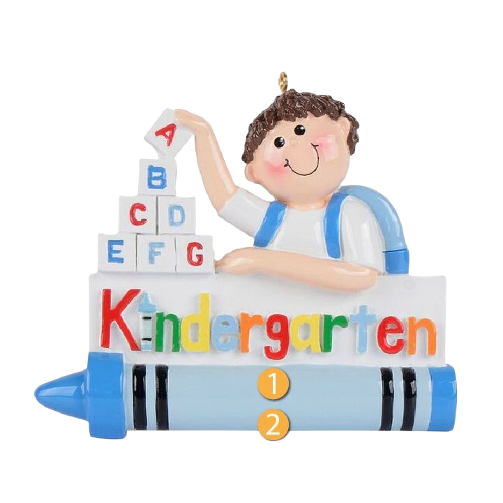 Blue crayon-shaped ornament with smiling boy stacking colorful alphabet blocks and multicolor kindergarten lettering