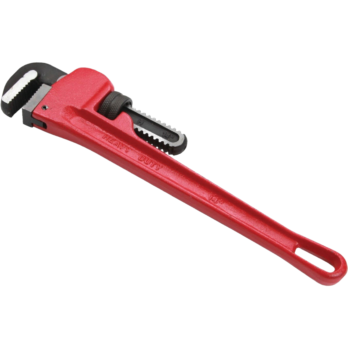 Red heavy-duty pipe wrench with adjustable jaw for plumbing and home improvement tasks