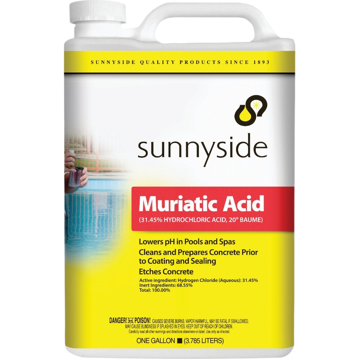 One-gallon container of Sunnyside muriatic acid with warning and usage instructions for home improvement tasks