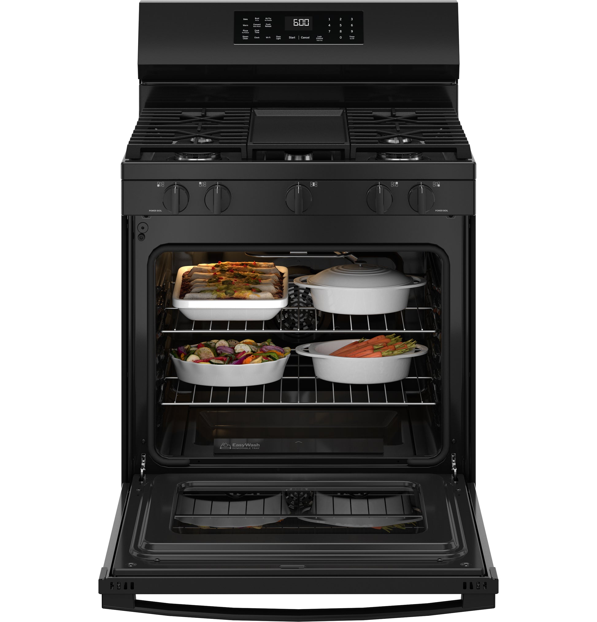 Black free-standing gas range oven open with casseroles cooking inside in kitchen appliances collection