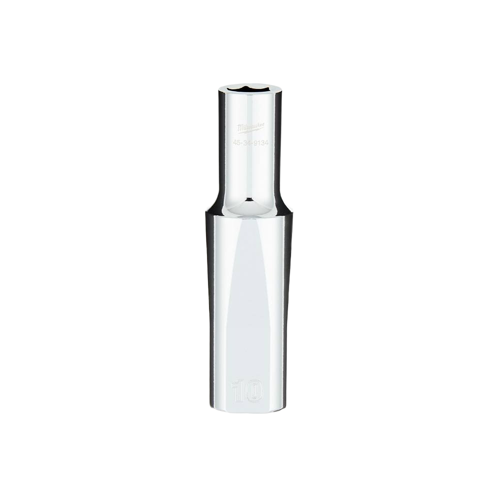 10-mm deep socket with 1/2" drive and four flat sides for tool stability in hand tool and woodworking applications