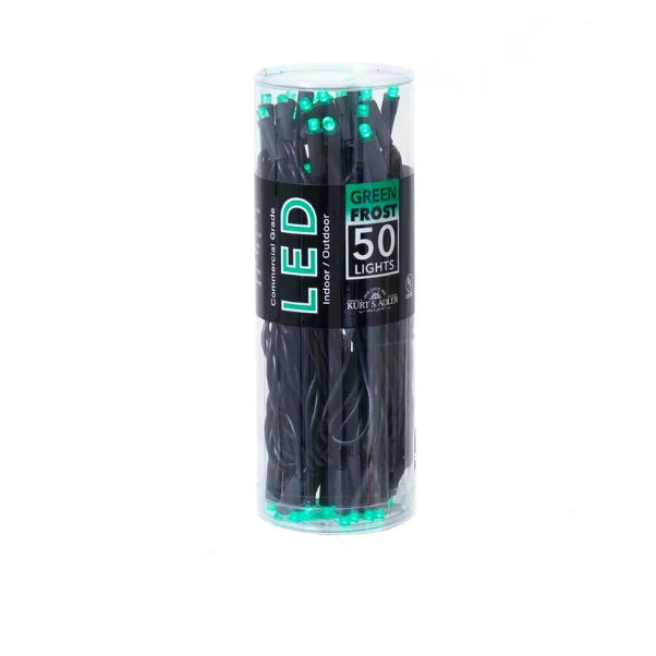 Green frost LED string lights with 50 bulbs on black wire for indoor and outdoor home improvement use