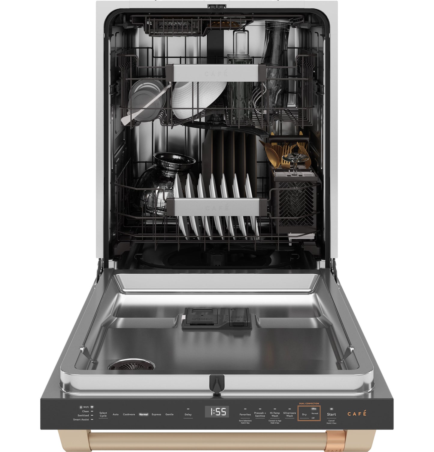 Open stainless steel smart dishwasher with plates, glasses, and utensils loaded inside from built-in dishwashers collection