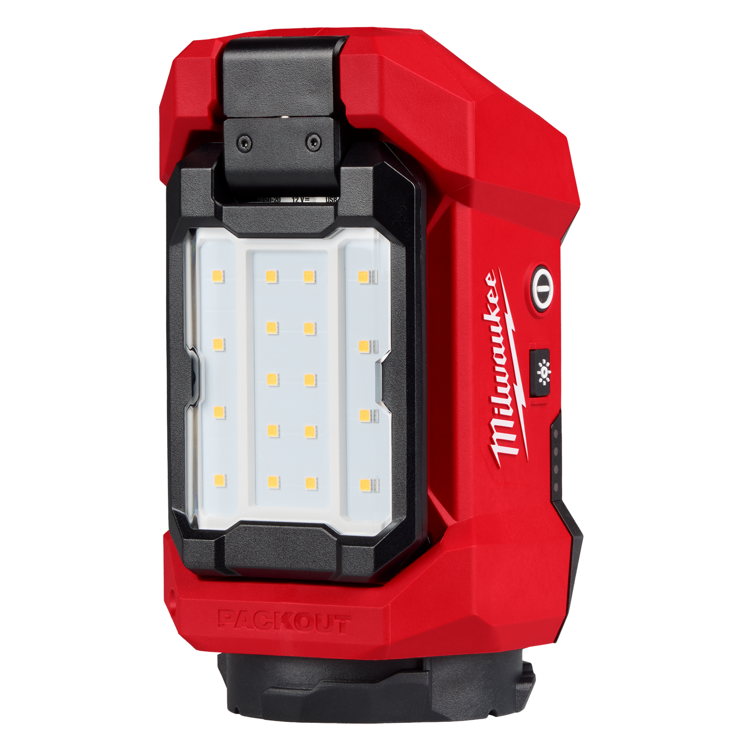 Red and black multi-directional LED flood light with adjustable head, part of Milwaukee utility lights and Milwaukee PACKOUT™ collections at Hartville Hardware.