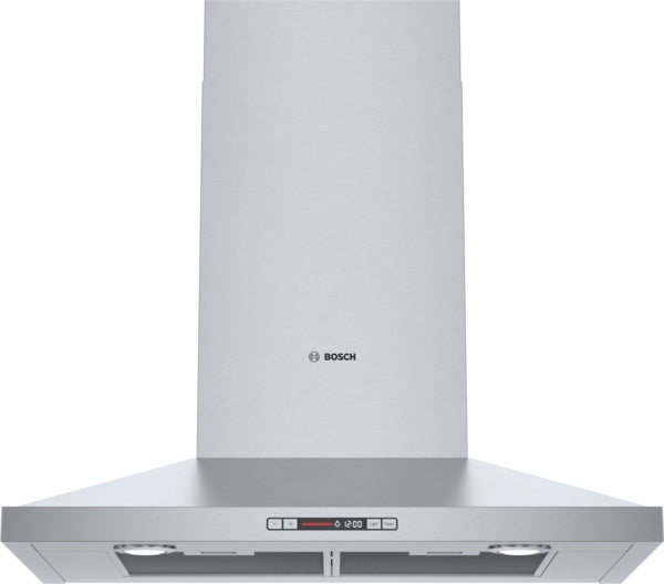 Stainless steel wall-mounted range hood with LED lights and digital touch controls for kitchen ventilation appliances