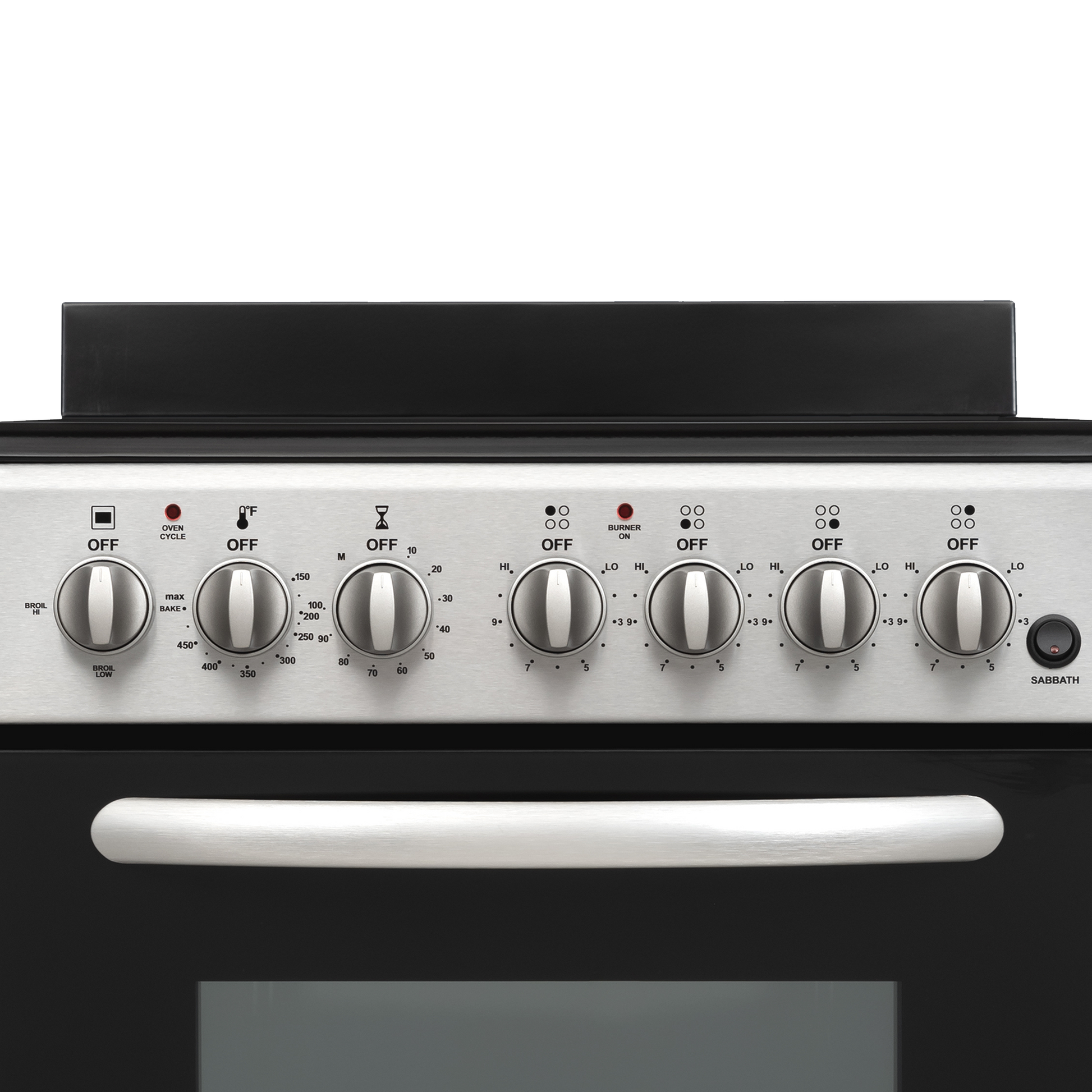 Stainless steel control panel with six control knobs and indicator lights on a 20-inch electric range from kitchen appliances collection