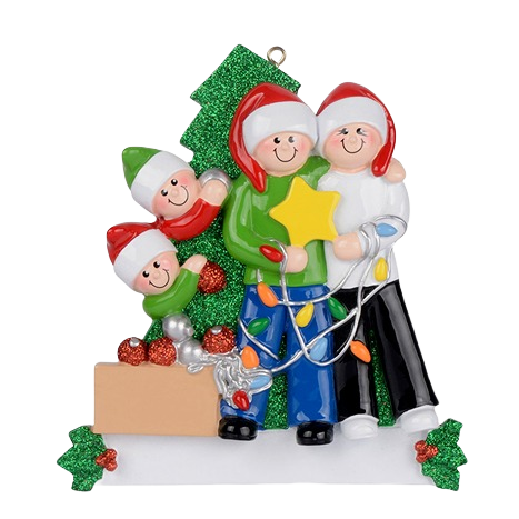 Family of four figurine decorating with colorful Christmas lights and tree in holiday ornaments collection