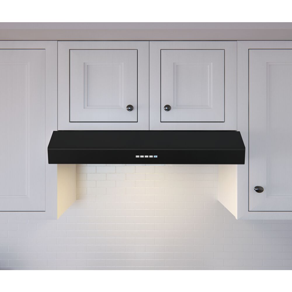 Black under cabinet range hood with LED lights illuminated against white cabinetry and subway tile backsplash in kitchen setting