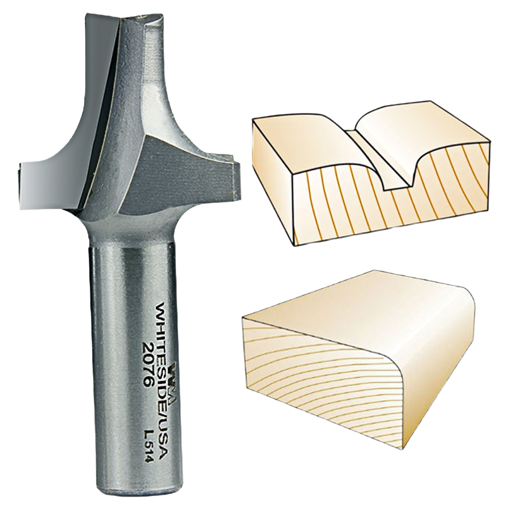 Steel plunge router bit with two wood samples showing roundover and raised panel edge trim profiles for tool accessories collection