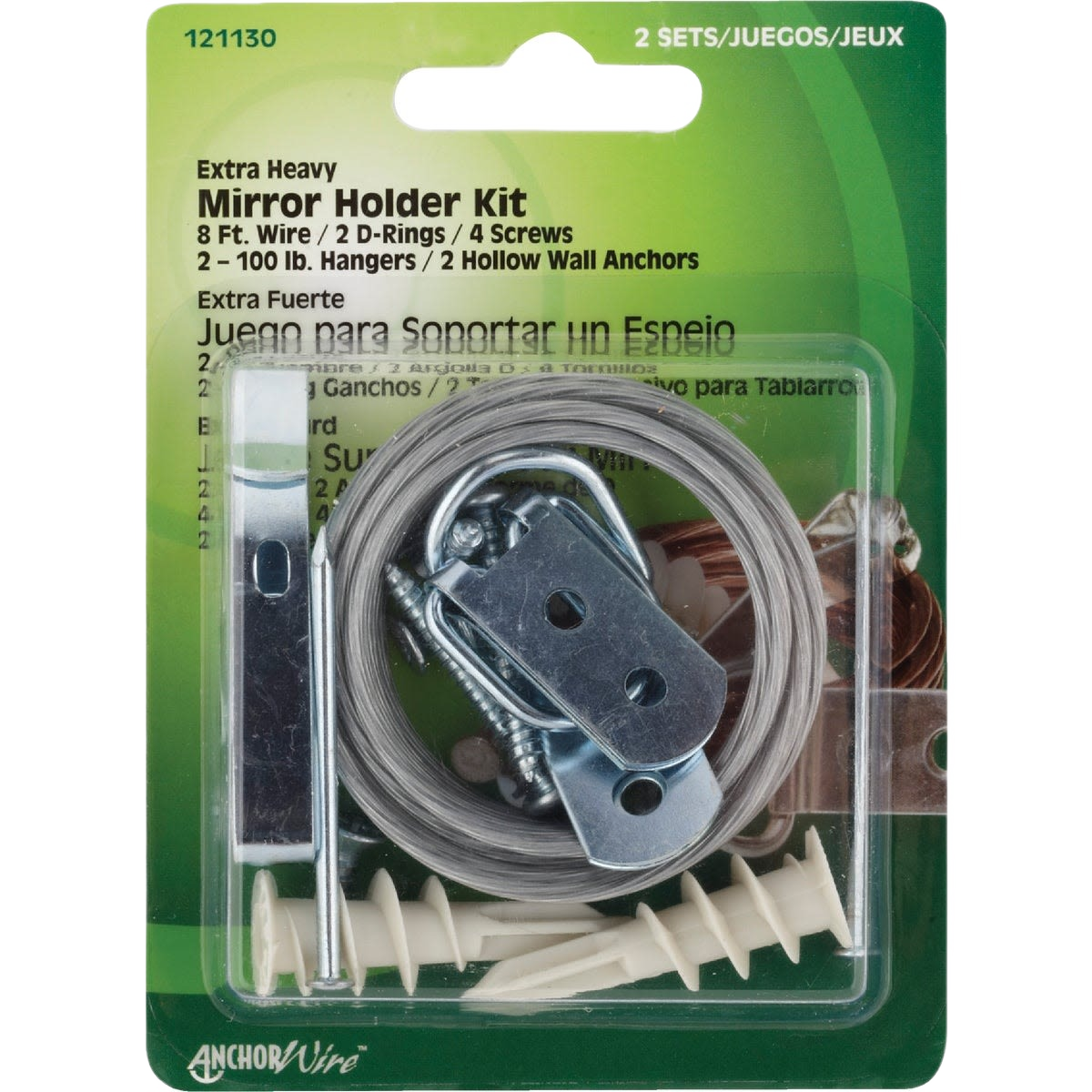 Heavy-duty mirror holder kit with wire, D-rings, screws, and hollow wall anchors for home decor and hardware use