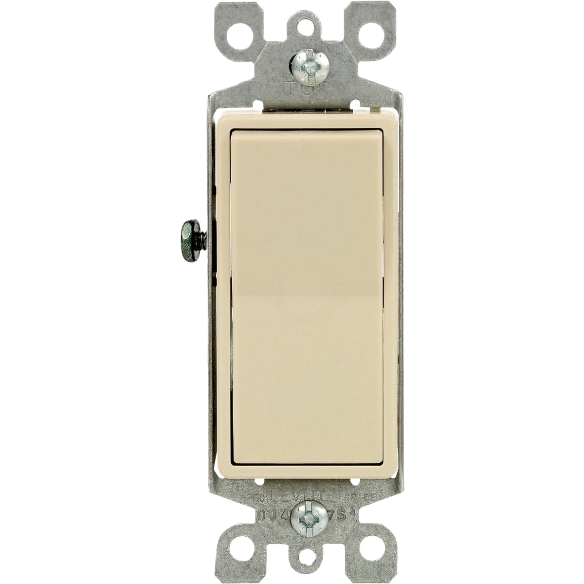 Ivory commercial-grade rocker switch with metal mounting bracket for electrical and home improvement applications