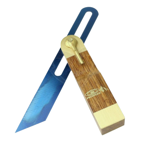 Sliding bevel tool with blue metal blade and wooden handle for precise angle measurement in woodworking projects