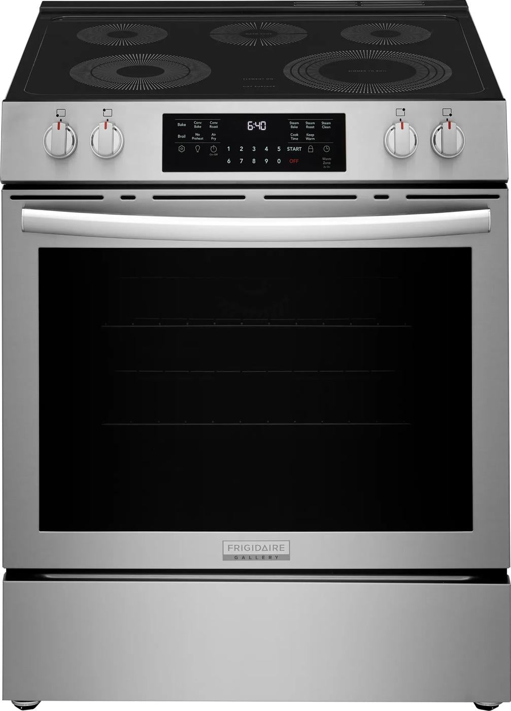 Stainless steel electric range with glass cooktop, front controls, digital display, and convection oven in Ranges collection