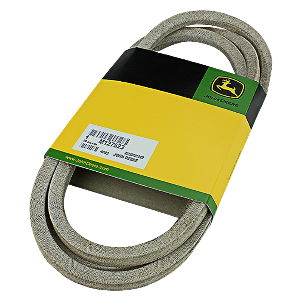 John Deere powertrain drive V-belt in yellow and green branded packaging for automotive and mechanic tool use under $100
