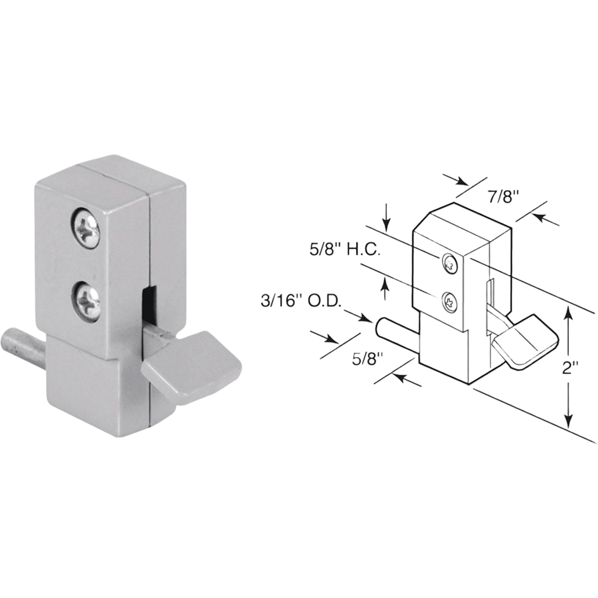 Silver metal sliding door lock with screws shown beside a technical line drawing for installation guidance