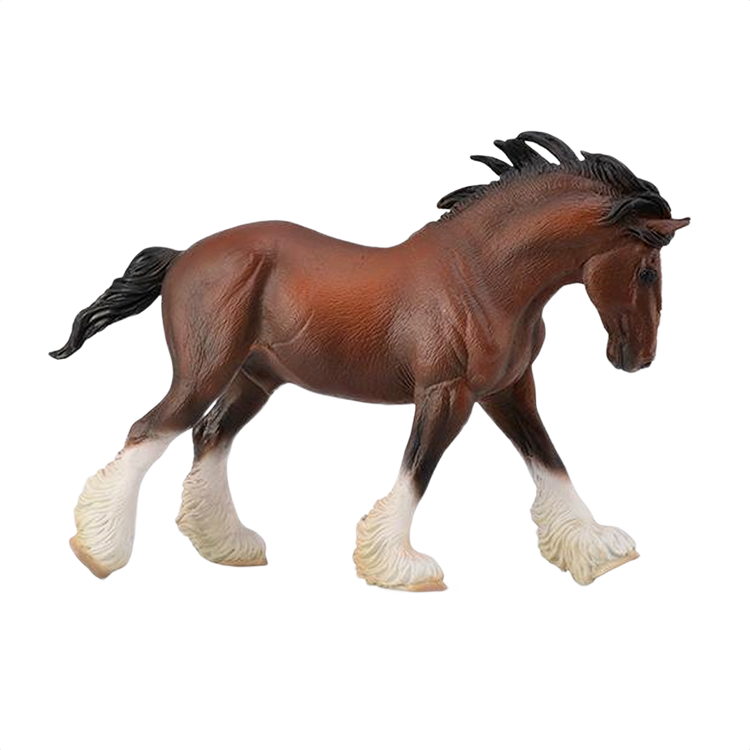 Brown Clydesdale stallion model with black mane and tail, detailed muscular body, and white feathered lower legs
