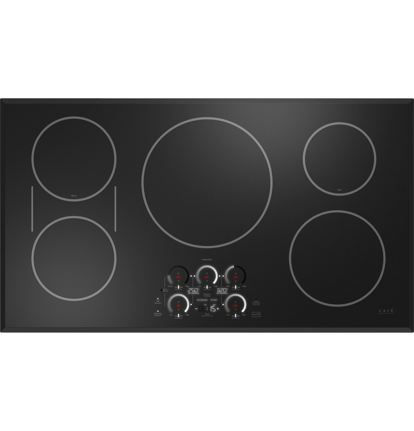 Black built-in induction cooktop with five cooking zones and digital touch controls in Appliances and Cooktops collections