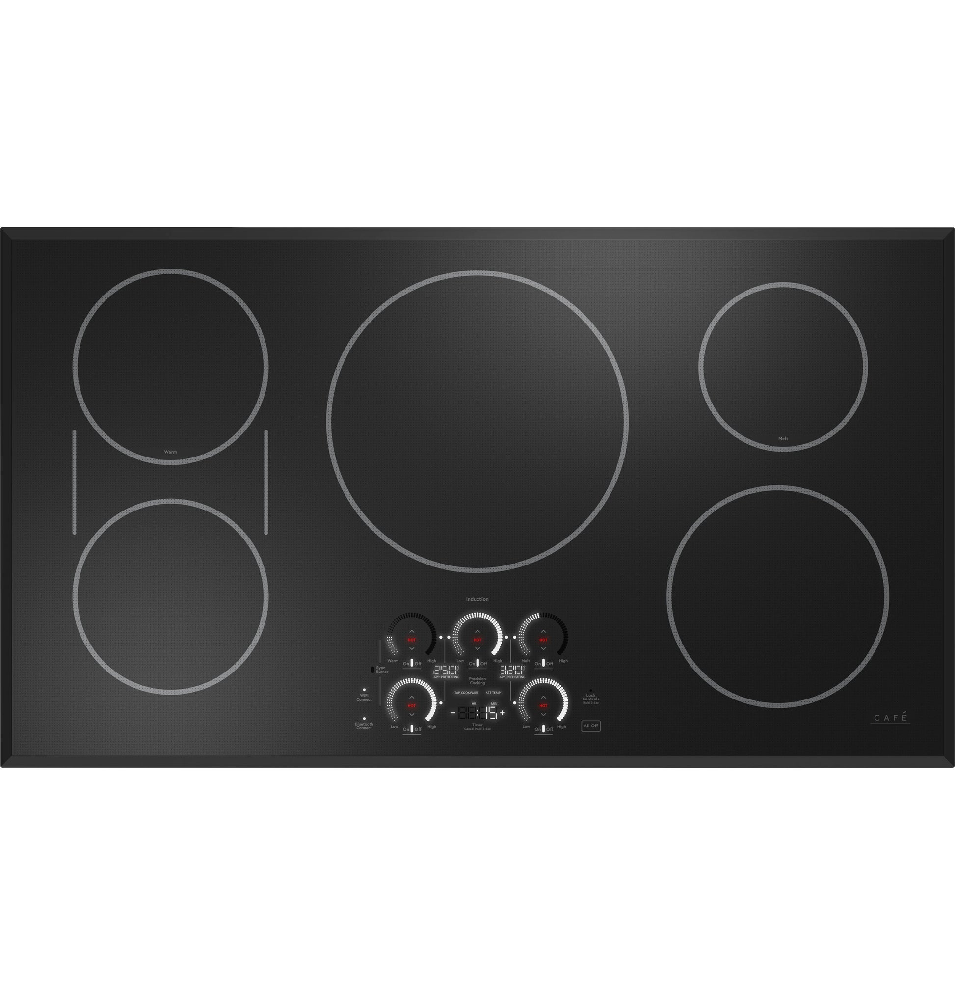 Black built-in induction cooktop with five cooking zones and digital touch controls in Appliances and Cooktops collections