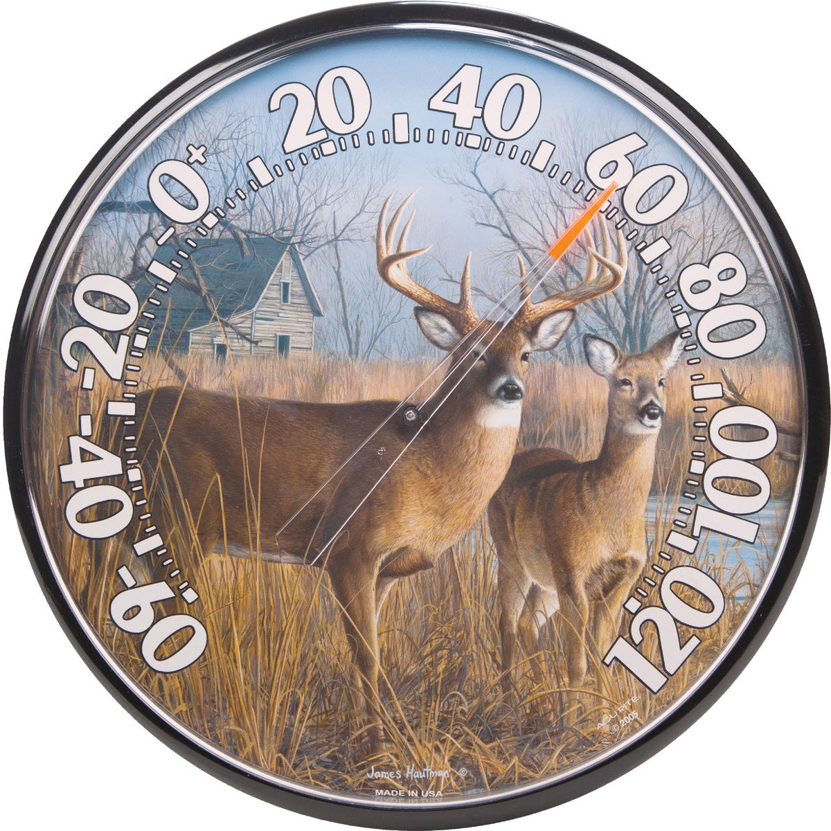 Round indoor and outdoor thermometer with deer illustration and clear plastic dial for tools and home improvement use