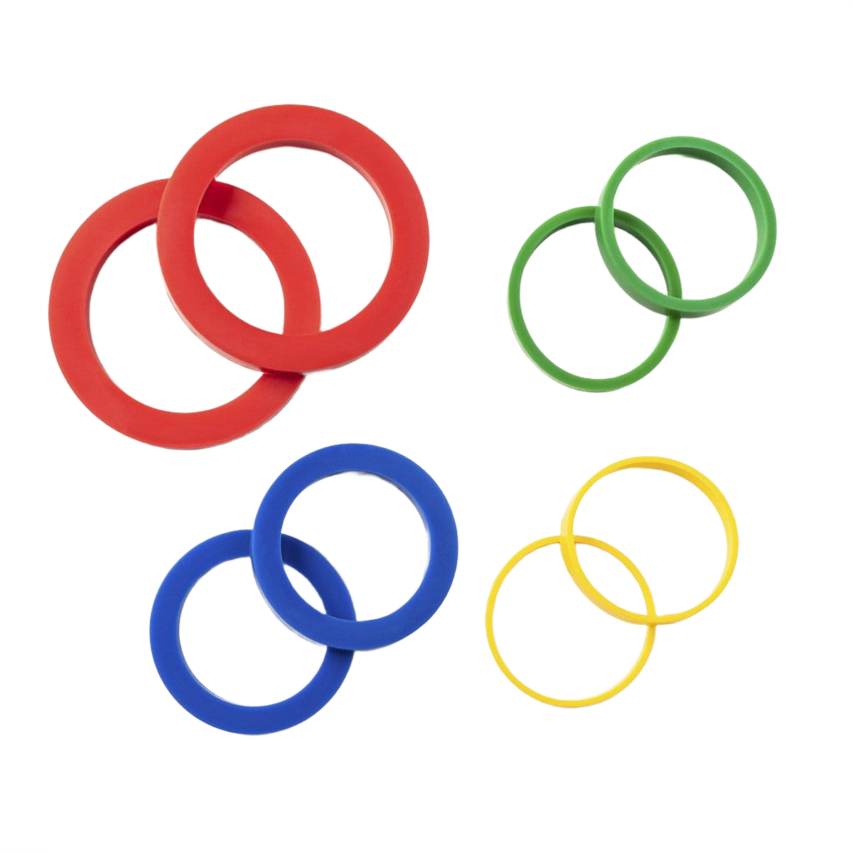 Set of four colorful silicone rolling pin rings in red, green, blue, and yellow for consistent dough thickness in kitchenware collections