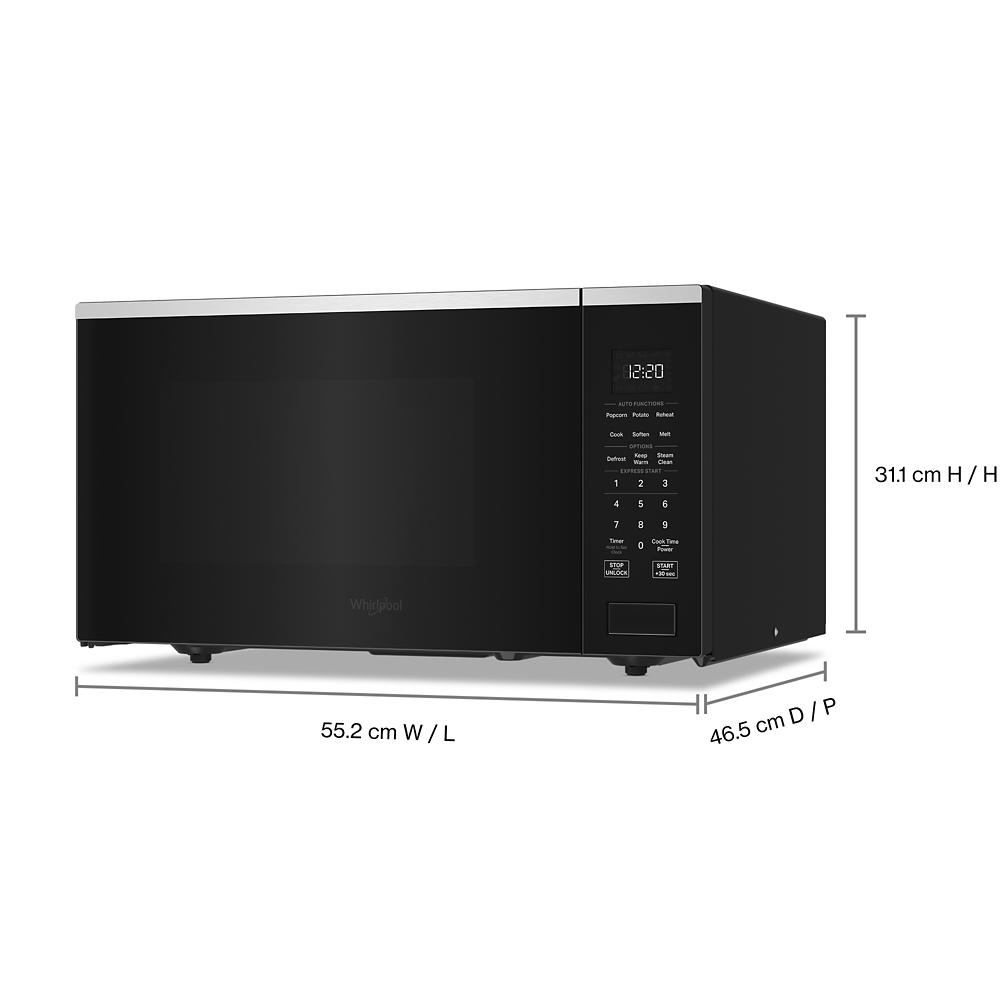 Black sensor cooking microwave with digital display and control panel in modern kitchen appliance setting
