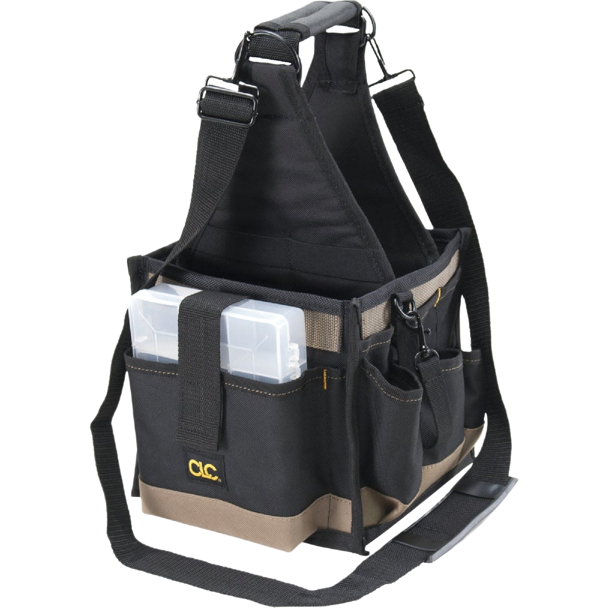 Black and tan 25-pocket electrical and maintenance tool bag with shoulder strap in tool storage and workshop organization collection