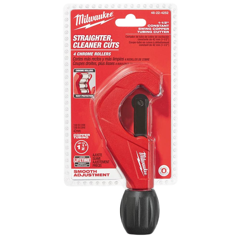 Red constant swing copper tubing cutter with four chrome rollers and black knob for plumbing and home improvement use
