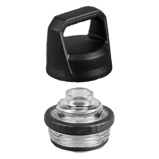 Black and clear insulated bottle chug lid with raised spout for easy drinking, part of Milwaukee PACKOUT™ tool accessories.