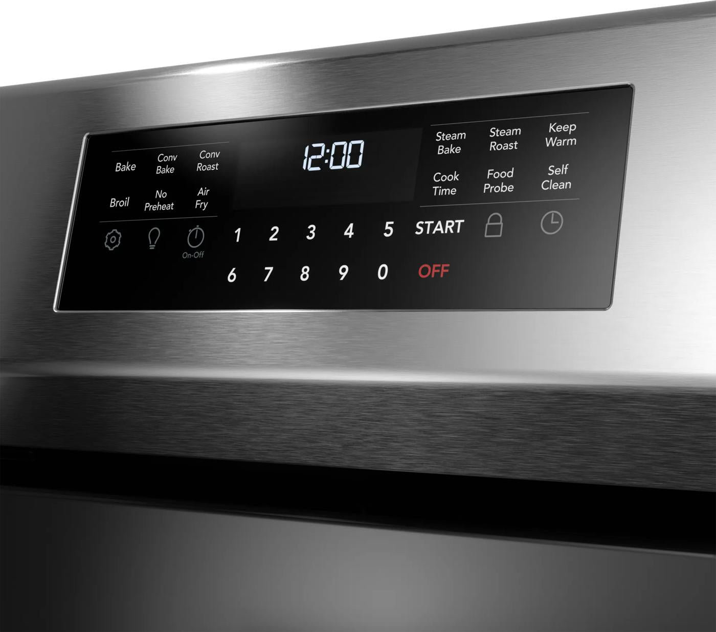 Control panel close-up of stainless steel electric range with digital clock and multiple cooking mode buttons for kitchen appliances