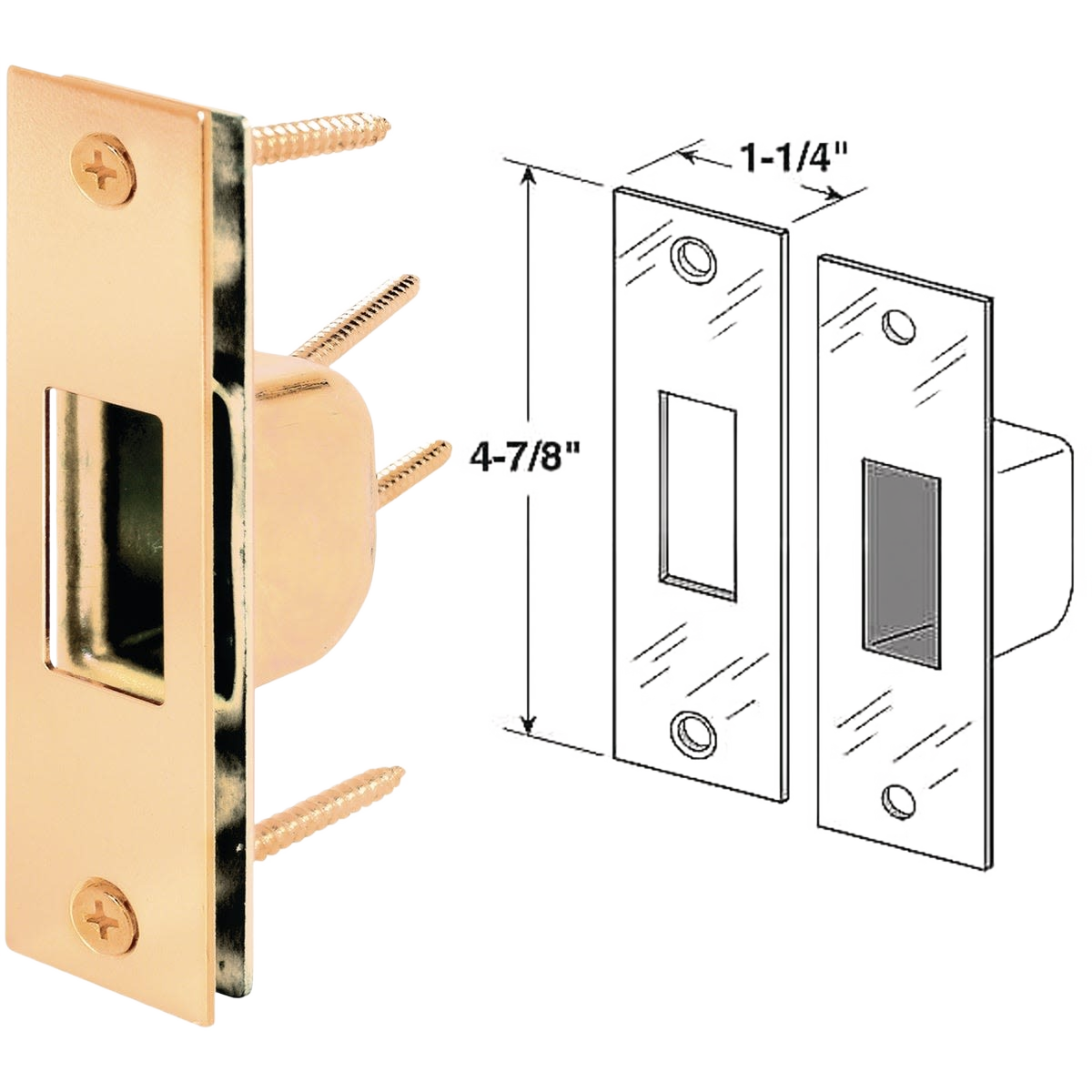Polished brass door frame reinforcer with four long screws and detailed dimensional diagram in Hardware collection