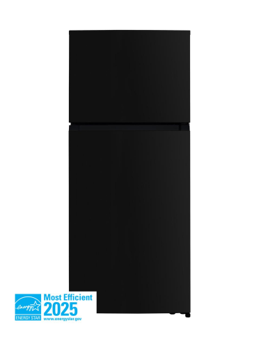 Black top mount refrigerator with pocket handle, reversible door swing, and LED interior lights in kitchen appliances collection