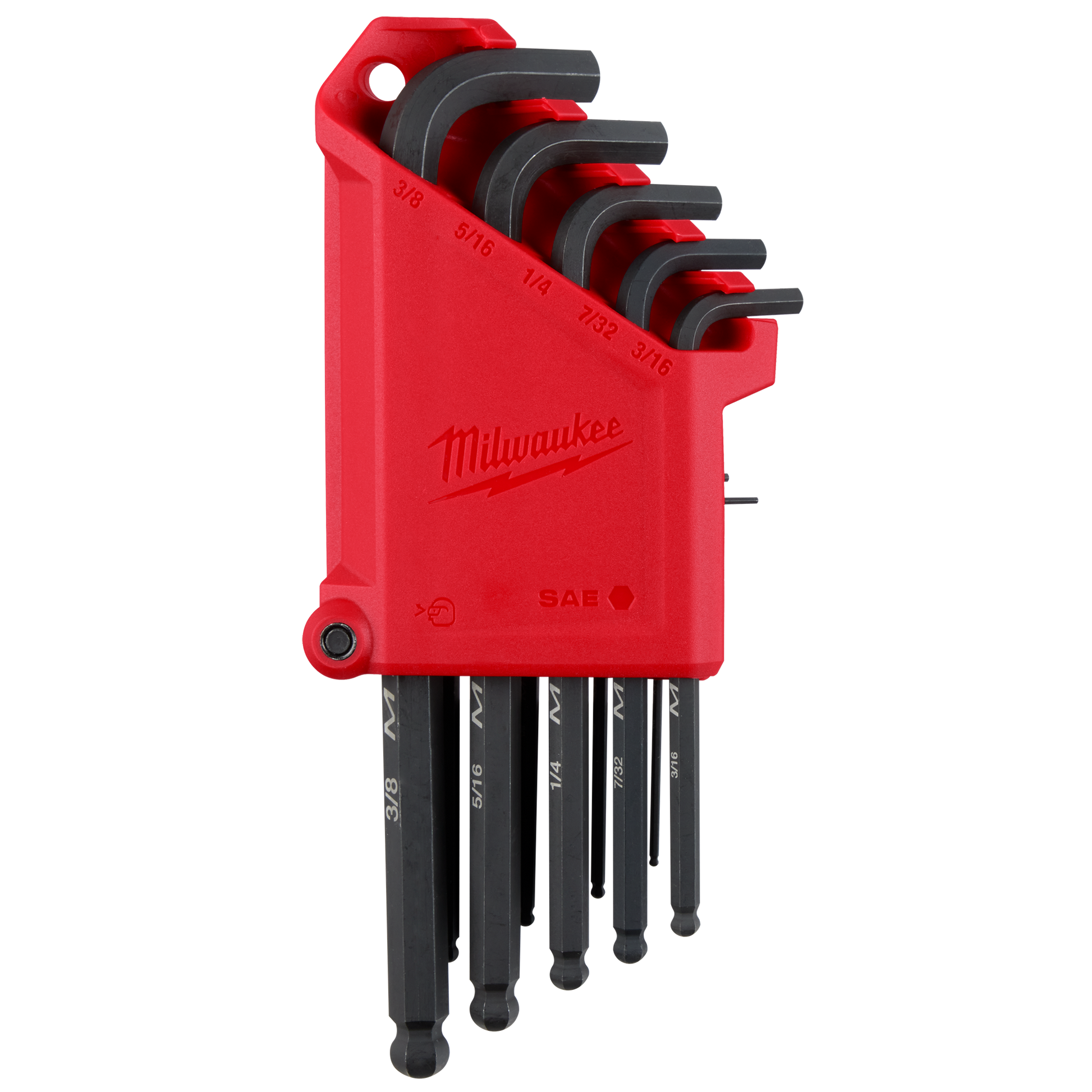 Red holder with six ball end L-keys in SAE sizes for precision tightening in tools and home improvement tasks