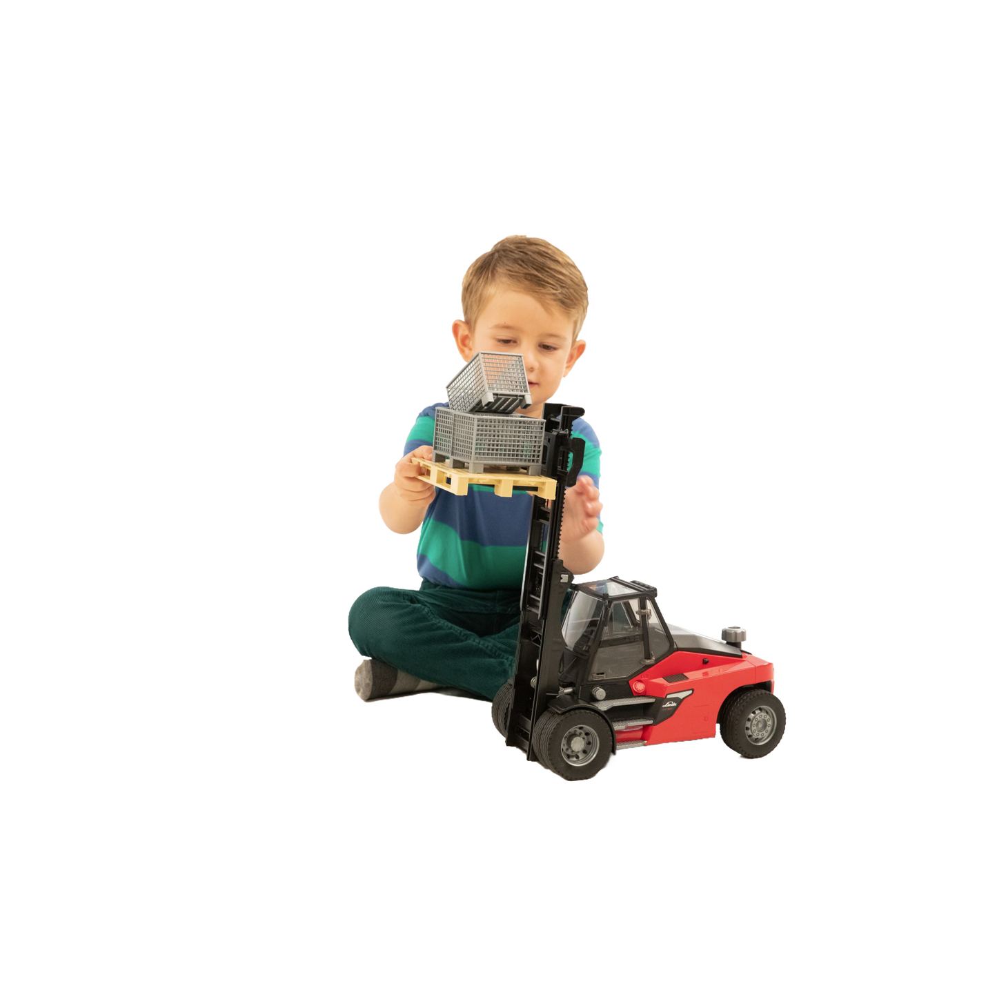 Child playing with red and black Bruder Linde HT160D stacker toy lifting pallet cages in Vehicles & Remote Controlled Toys