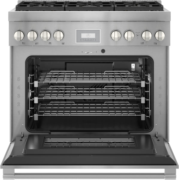 front view of stainless steel dual fuel professional range with six burners, control knobs, digital display, and open oven door