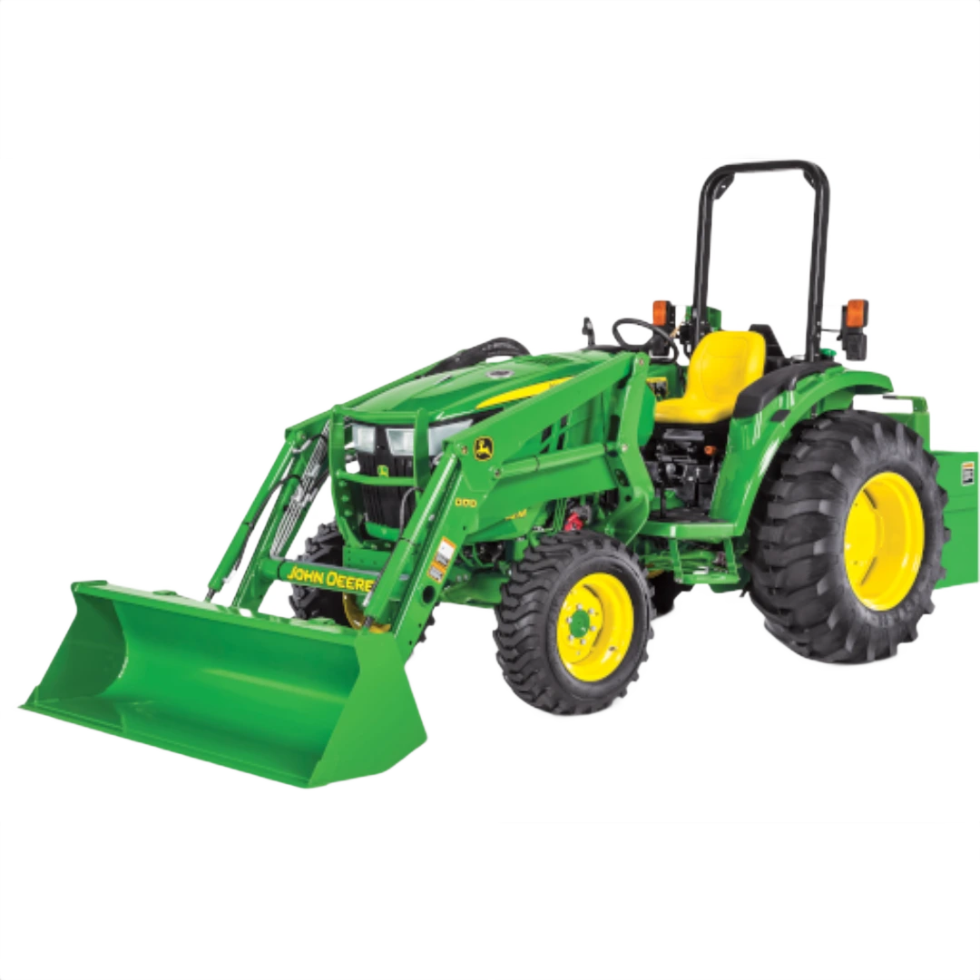 Green and yellow John Deere 4052M heavy-duty compact tractor with front loader attachment, rugged tires, and open operator seat in Outdoor Power Equipment at Hartville Hardware.