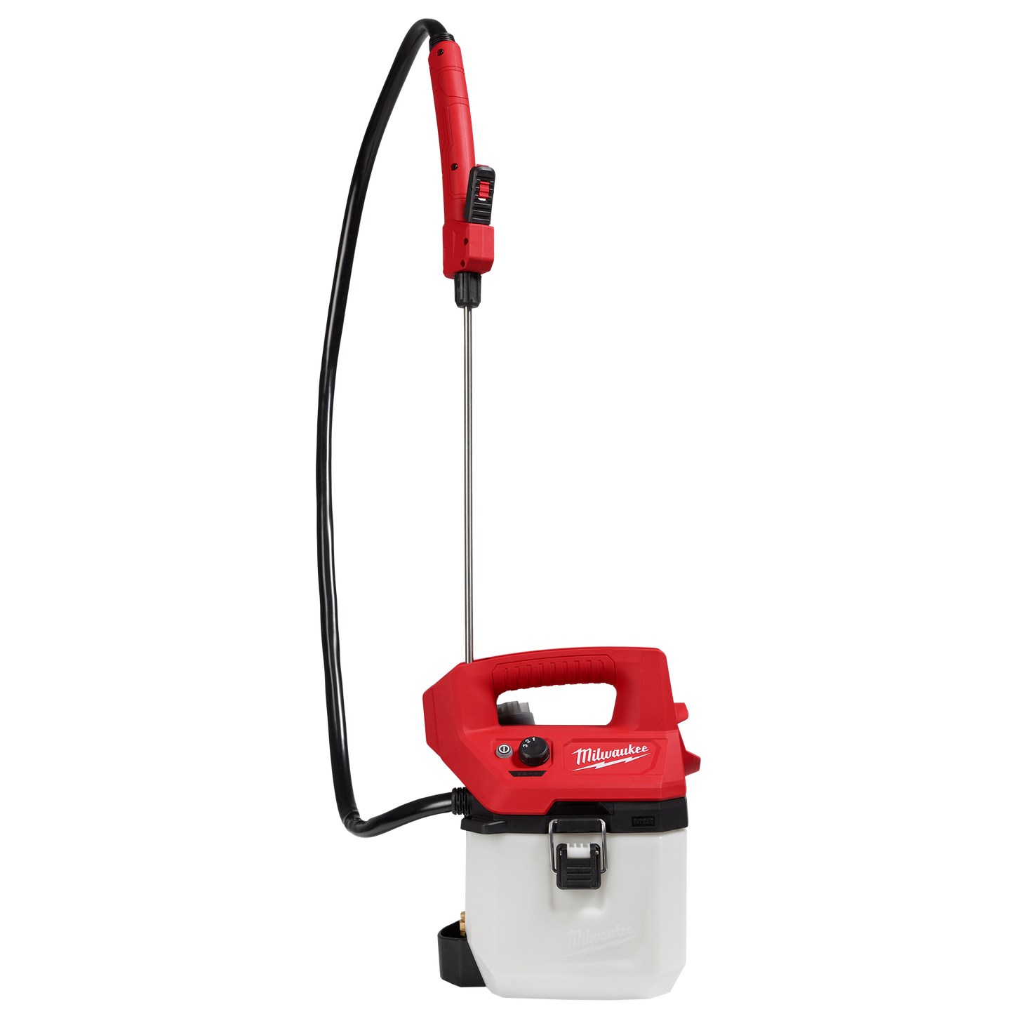 Red and white handheld sprayer with ergonomic handle, metal wand, and hose for home improvement tasks