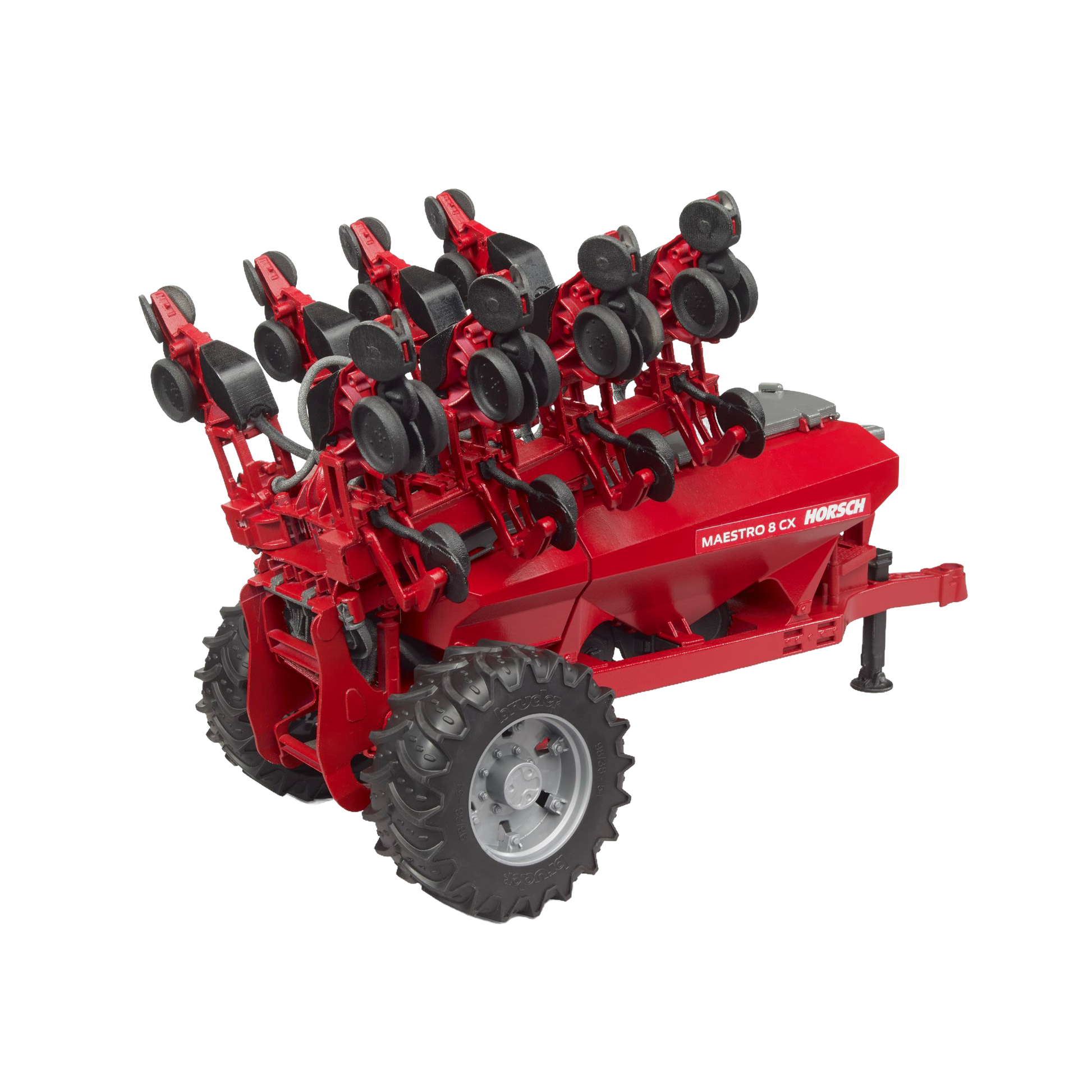 Red and black detailed farming seeder toy with large tires and multiple planting units from Bruder Toys collection
