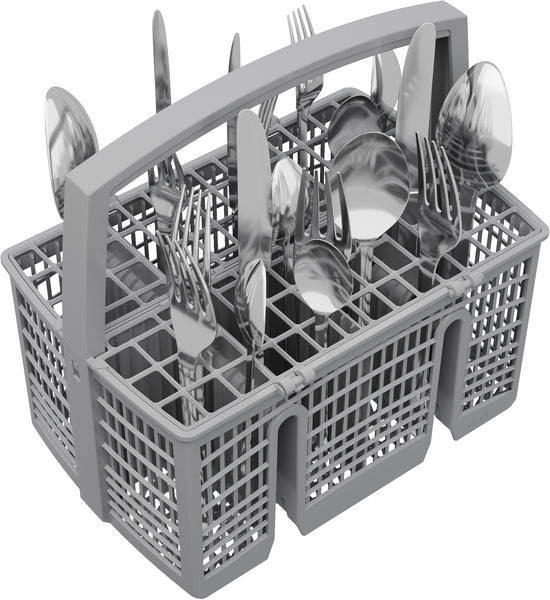Gray plastic dishwasher utensil basket with handle filled with shiny forks, spoons, and knives for efficient kitchen cleaning