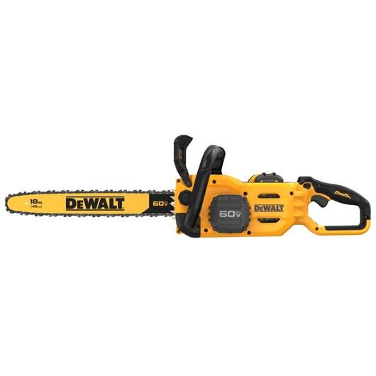 Yellow and black cordless 60V chainsaw with 18-inch bar designed for powerful cutting in home improvement tasks