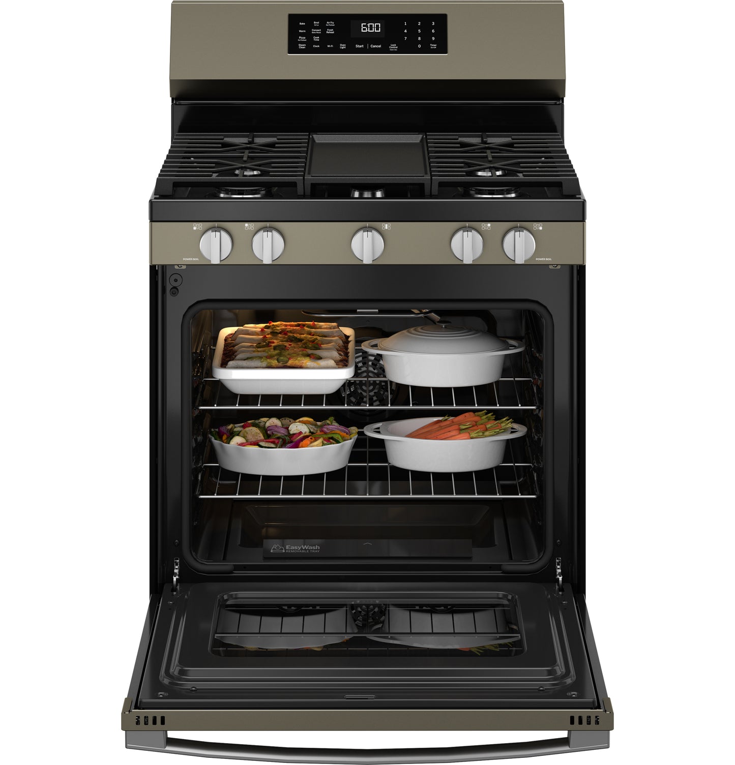 Free-standing gas convection range with open oven, five control knobs, digital display, and dishes inside from Ranges & Kitchen collections