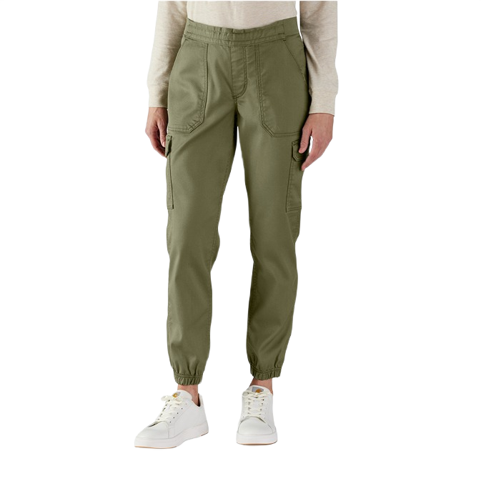 Women’s relaxed fit dusty olive twill pants with cargo pockets and elastic cuffs for casual or workwear use