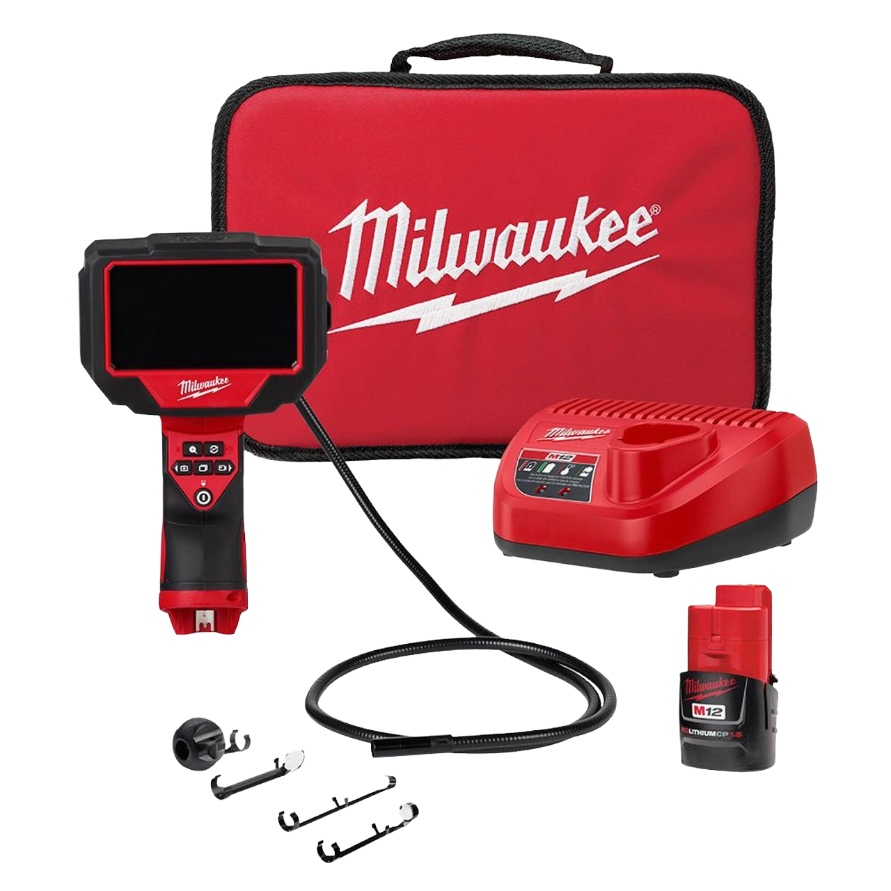 Red and black Milwaukee inspection camera kit with LCD screen, battery, charger, accessories, and branded carrying case in hand tools collections