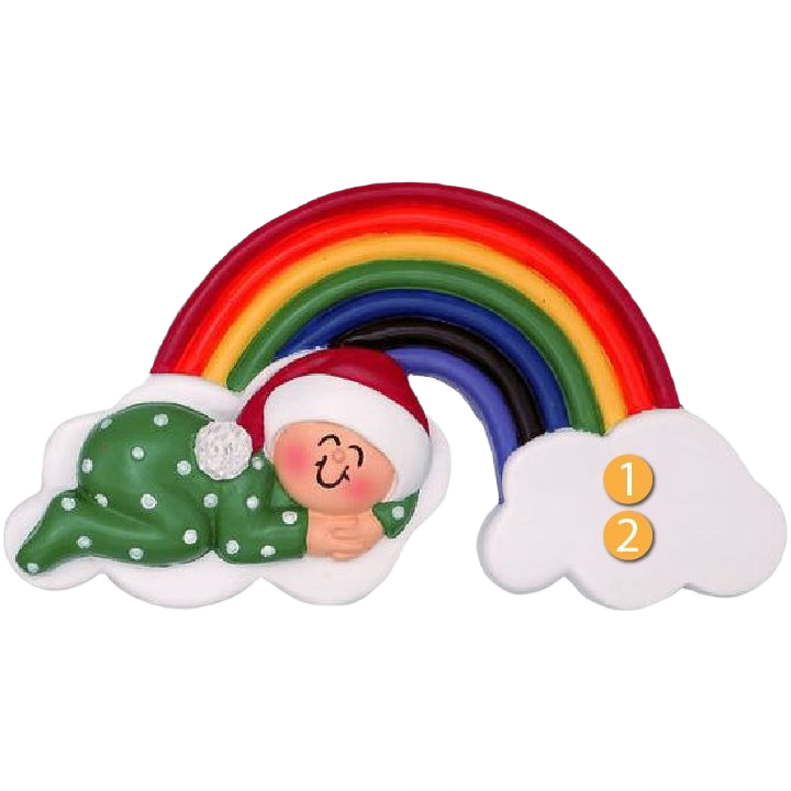 Sleeping baby figurine in green pajamas with red Santa hat resting on clouds beneath a vibrant rainbow for Christmas decor under $50